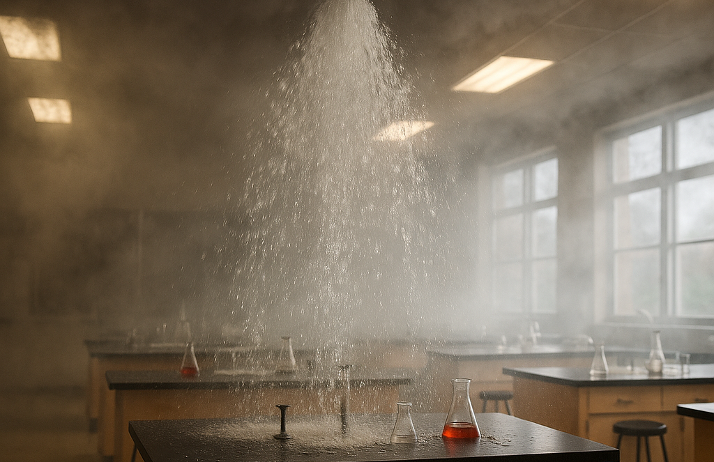 A classroom science lab with wooden tables and stools has water spraying from the ceiling sprinkler, soaking the room after a fire. Beakers of colorful liquids sit on tables, while mist and smoke still linger in the air.