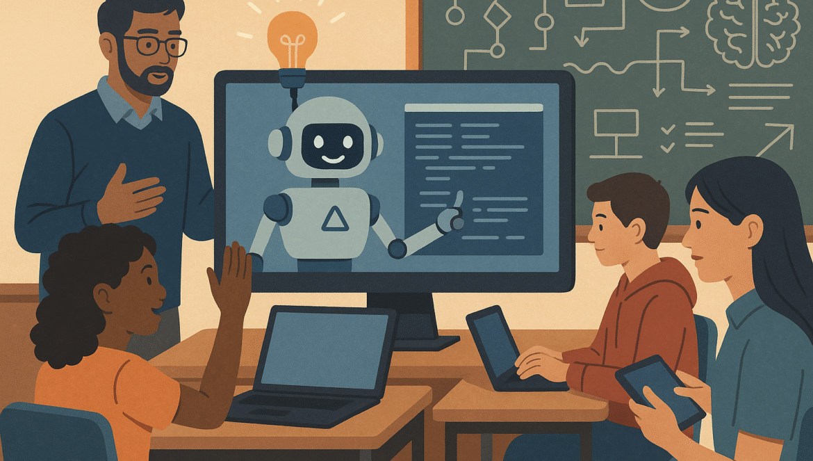 A teacher stands beside a screen displaying a friendly robot, while three students with laptops and tablets engage in a classroom. Chalkboard shows diagrams and a brain illustration in the background.