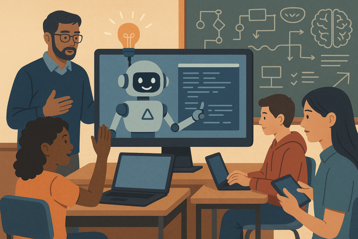 A teacher stands beside a screen displaying a friendly robot, while three students with laptops and tablets engage in a classroom. Chalkboard shows diagrams and a brain illustration in the background.