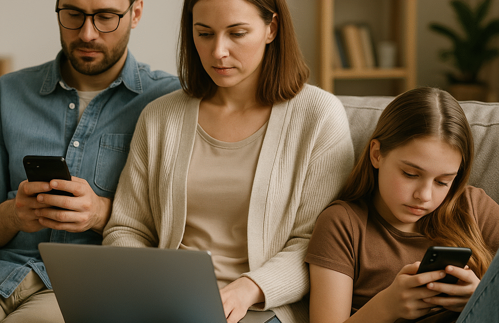 A man, woman, and young girl sit together on a couch, each focused on their own device—the man and girl on smartphones, and the woman on a laptop. They appear absorbed in their screens in a cozy living room.