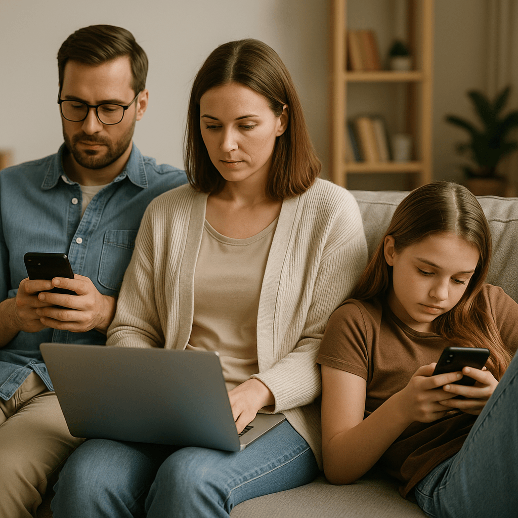 A man, woman, and young girl sit together on a couch, each focused on their own device—the man and girl on smartphones, and the woman on a laptop. They appear absorbed in their screens in a cozy living room.