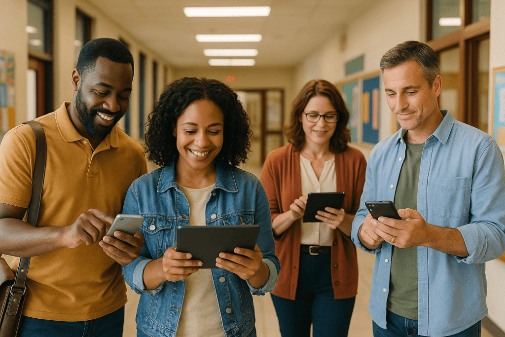 Four adults stand in a hallway smiling and looking at digital devices such as tablets and smartphones suggesting collaboration or learningand highlighting the importance of parent communication in schools | edCircuit Four adults stand in a hallway smiling and looking at digital devices such as tablets and smartphones suggesting collaboration or learningand highlighting the importance of parent communication in schools
