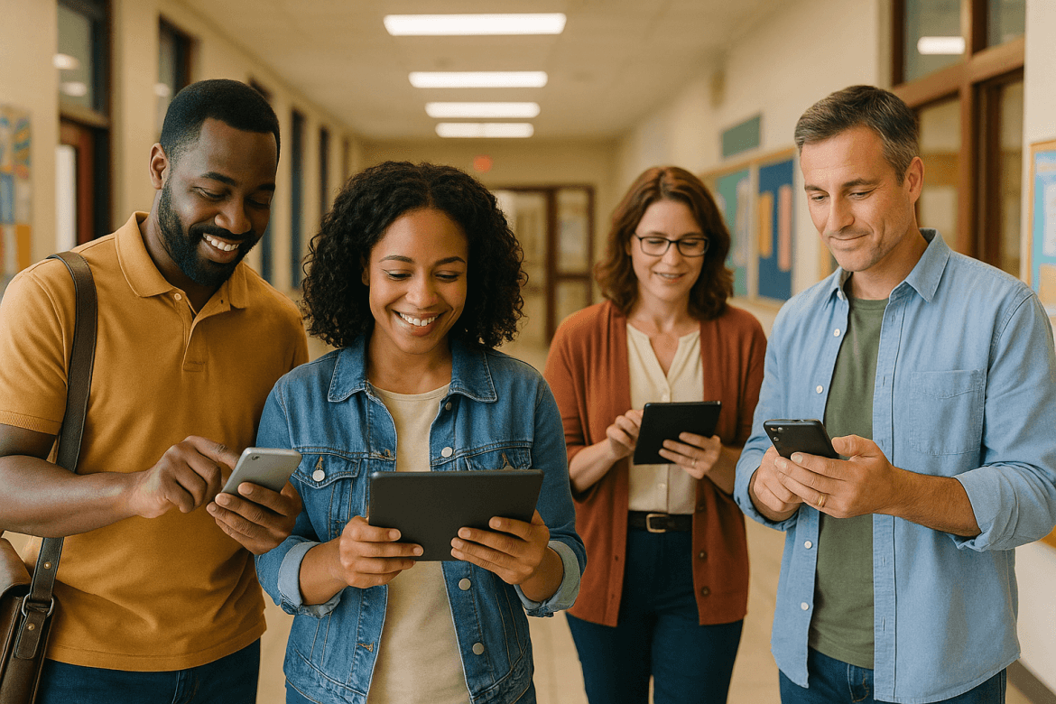 Four adults stand in a hallway, smiling and looking at digital devices such as tablets and smartphones, suggesting collaboration or learning—and highlighting the importance of parent communication in schools.