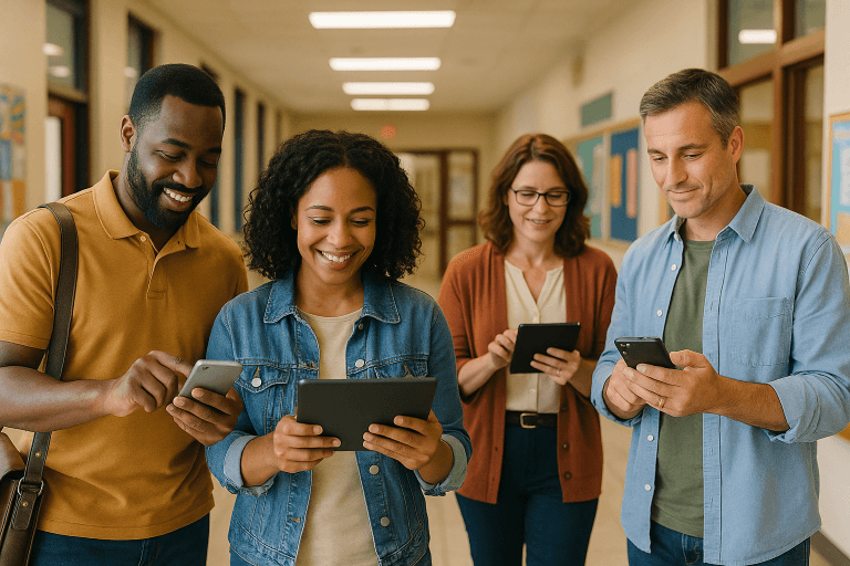 Four adults stand in a hallway, smiling and looking at digital devices such as tablets and smartphones, suggesting collaboration or learning—and highlighting the importance of parent communication in schools.
