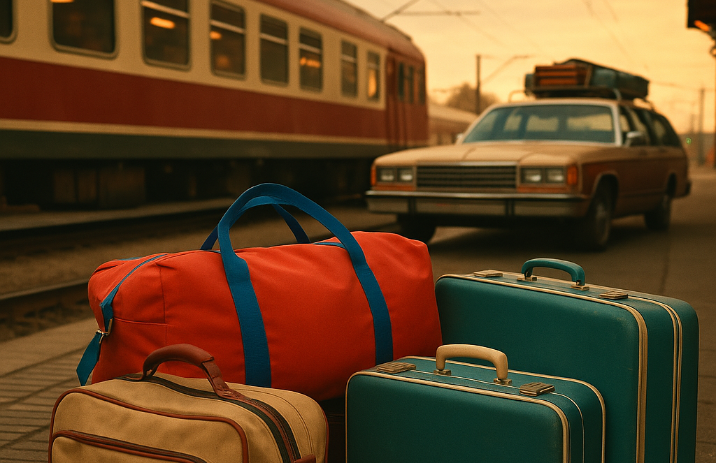 Four pieces of vintage luggage sit on a train station platform at sunset, with Trains and Automobiles—and even hints of Planes—invoking a sense of nostalgic travel adventures in the golden light.