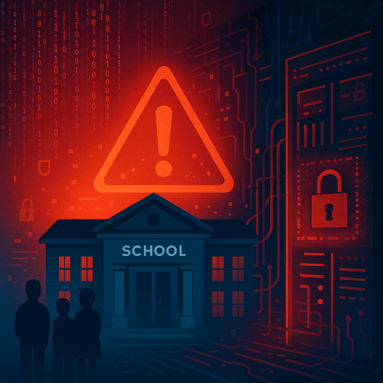 PowerSchool data breach: illustration of a school building with a warning sign and digital locks behind it