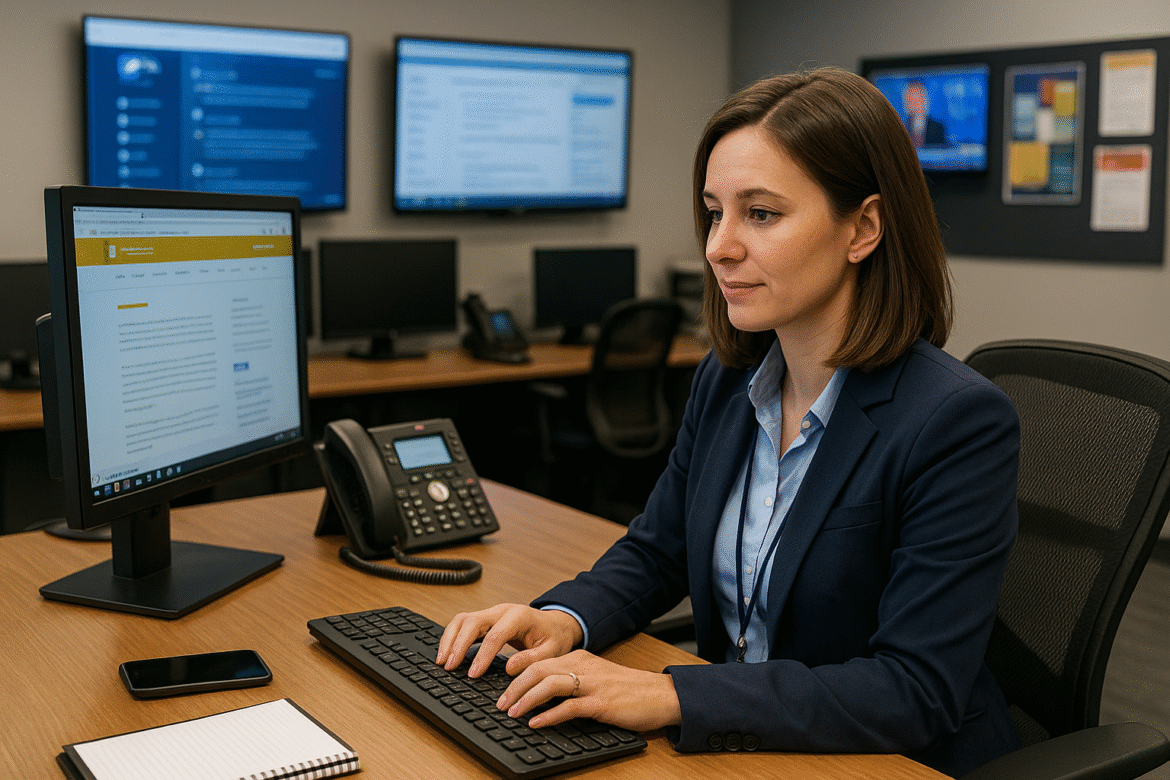 A woman in business attire works at a computer in an office with multiple monitors, a desk phone, a notepad, and a smartphone nearby. She appears focused, typing on the keyboard.