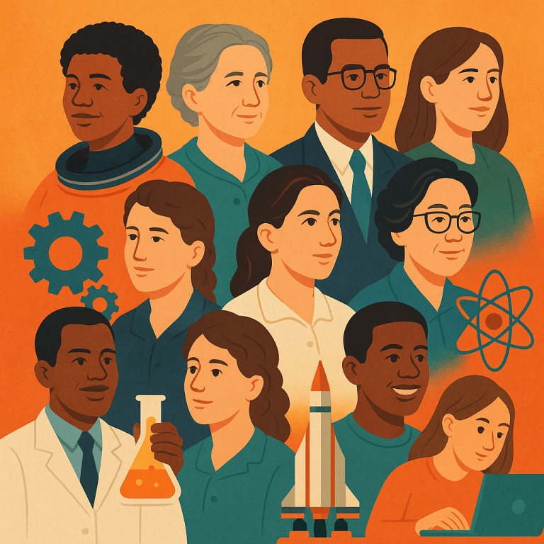 Illustration of diverse STEM and STEAM scientists and engineers, including women and men of various backgrounds, shown with science-themed icons like gears, a beaker, an atom, a rocket, and a laptop on an orange background.