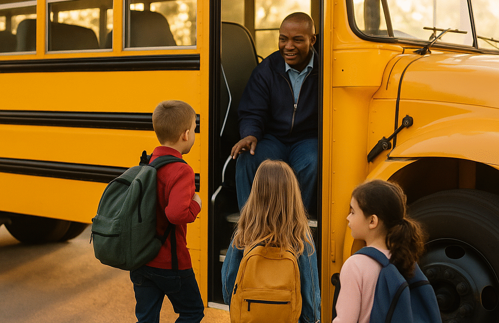 Three young children with backpacks stand by a yellow school bus, smiling and talking to the bus driver, who is seated at the bus door and greeting them warmly.