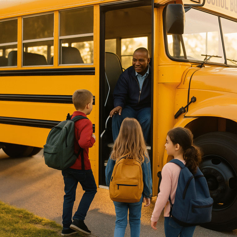 Three young children with backpacks stand by a yellow school bus, smiling and talking to the bus driver, who is seated at the bus door and greeting them warmly.