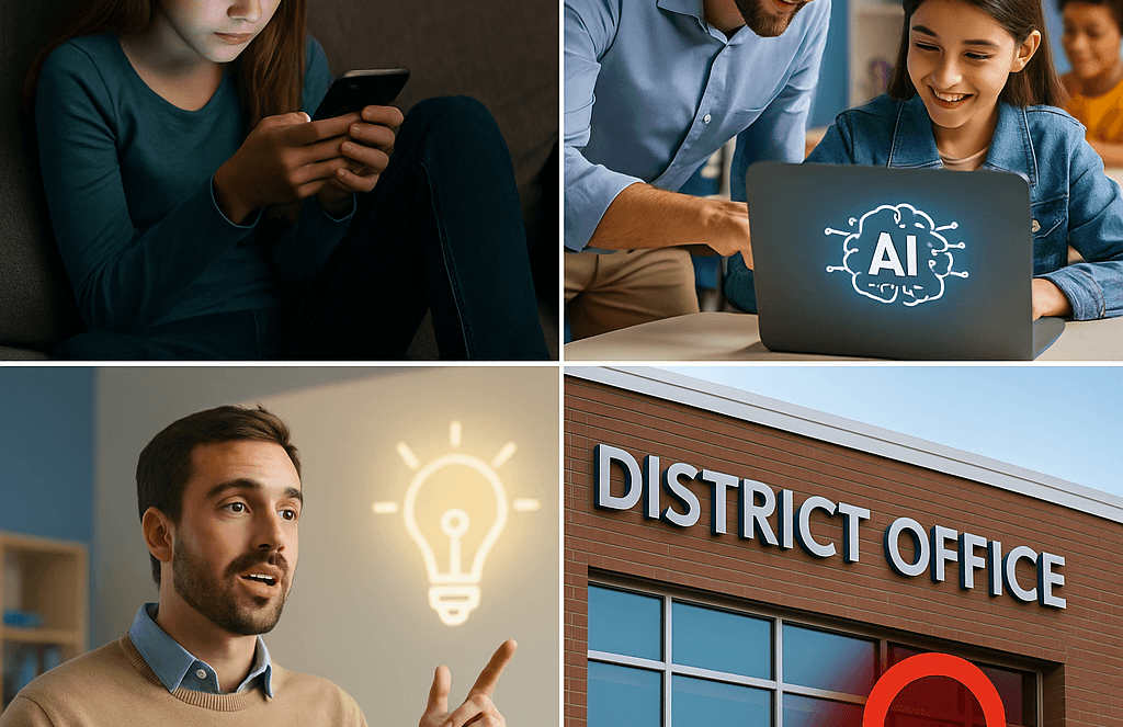 A collage showing a girl using a phone, an adult helping a student on a laptop with AI on the screen, a man pointing at a glowing lightbulb icon, and a district office building with a red padlock symbol—capturing stories that matter.