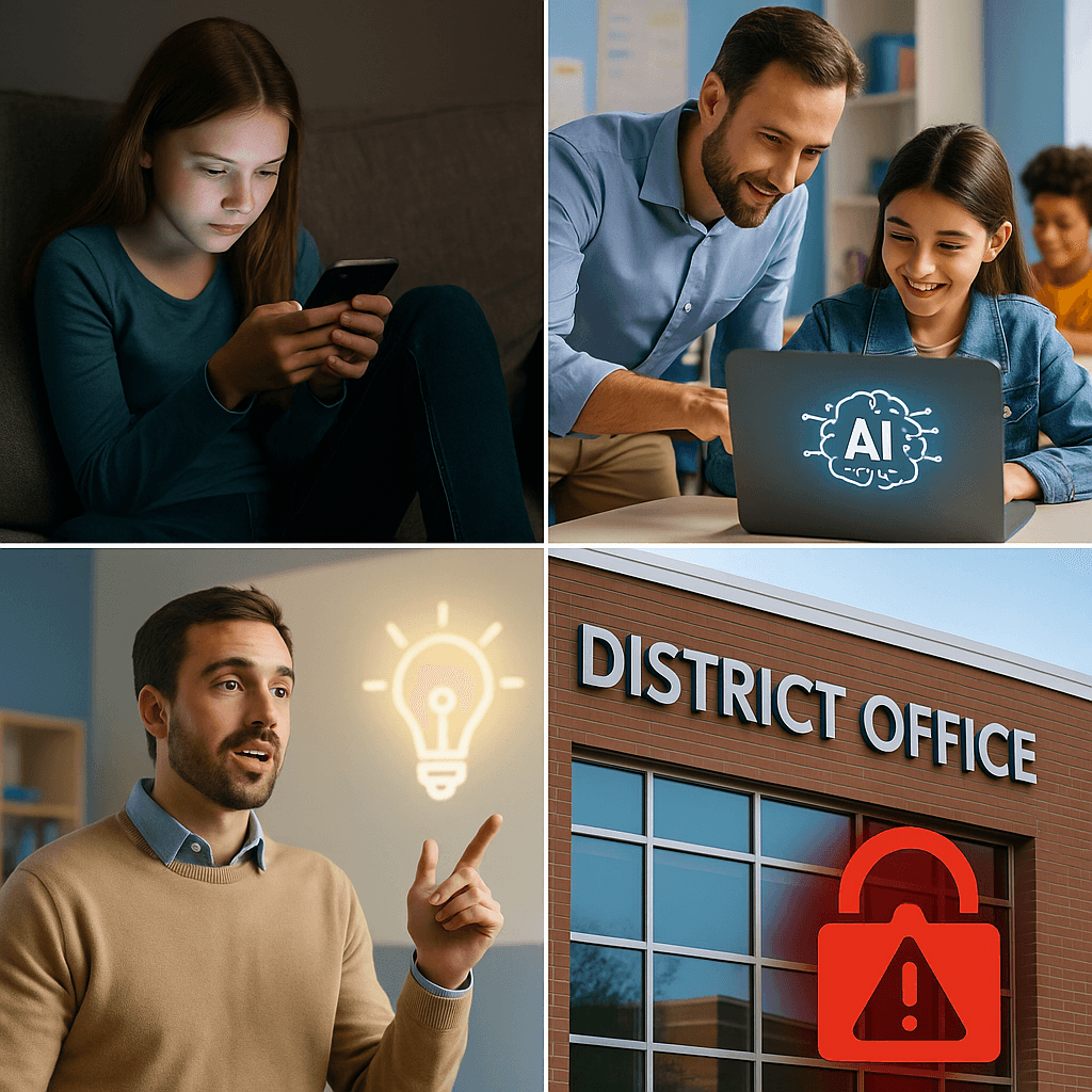 A collage showing a girl using a phone, an adult helping a student on a laptop with AI on the screen, a man pointing at a glowing lightbulb icon, and a district office building with a red padlock symbol—capturing stories that matter.