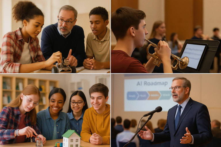 Stories That Matter: Students engaged in hands-on learning activities and a teacher giving a presentation on AI Roadmap