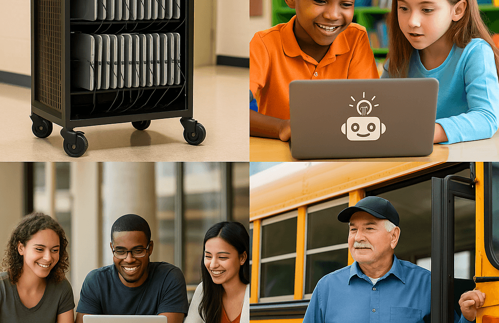 A collage shows: a charging cart filled with laptops, two children using a laptop, three students working together on a laptop, and a bus driver beside a school bus—capturing stories that matter in everyday school life.