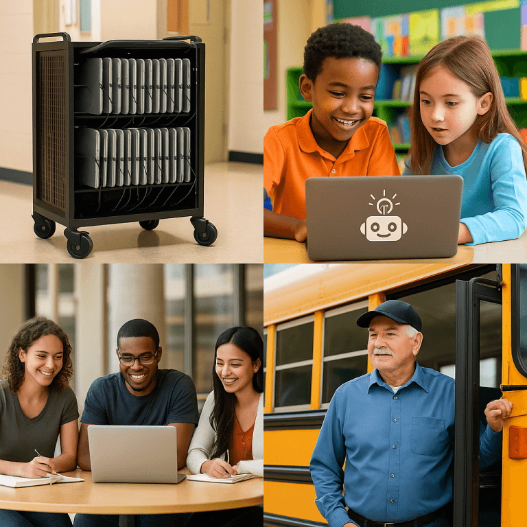 A collage shows: a charging cart filled with laptops, two children using a laptop, three students working together on a laptop, and a bus driver beside a school bus—capturing stories that matter in everyday school life.