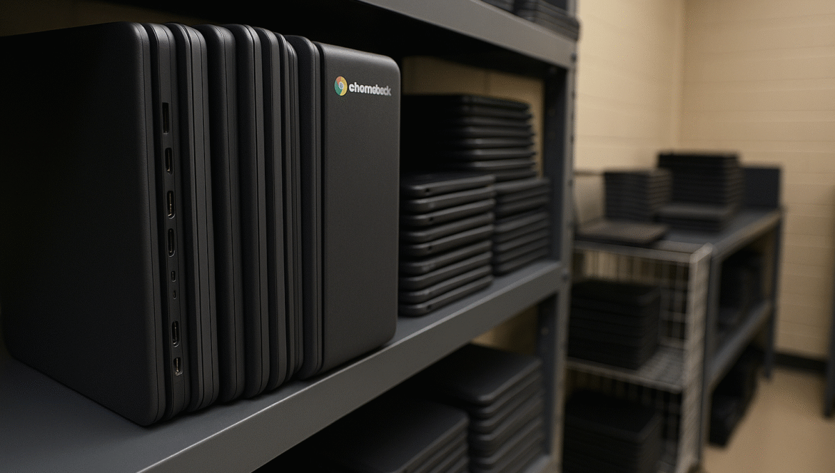 Stacks of closed Chromebooks are neatly arranged on metal shelves in a storage room with beige walls. Some Chromebooks are stacked vertically and others in piles, ready for use or distribution.