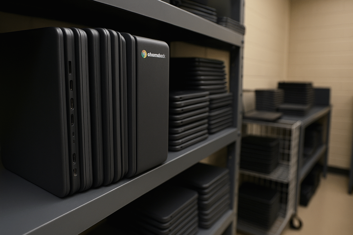 Stacks of closed Chromebooks are neatly arranged on metal shelves in a storage room with beige walls. Some Chromebooks are stacked vertically and others in piles, ready for use or distribution.