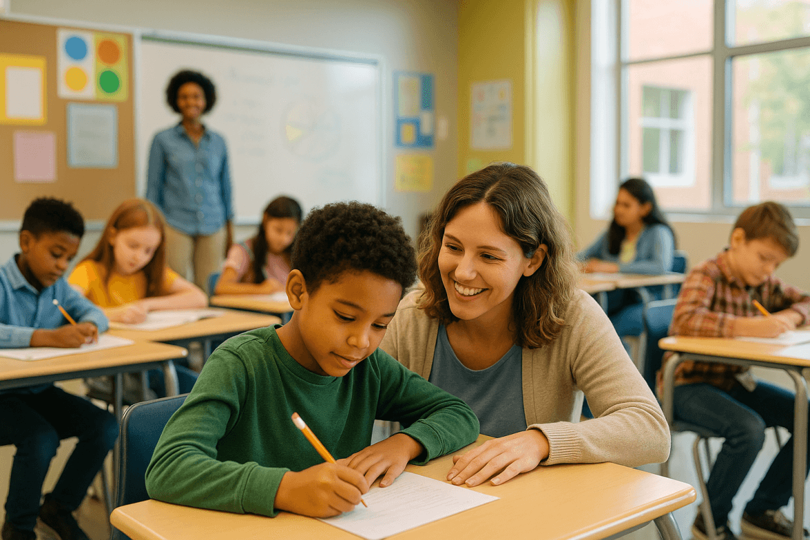 A teacher smiles and helps a young boy with his work at his desk in a classroom. Other students are working at their desks, while Teacher Aides and another adult stand near a whiteboard in the background.