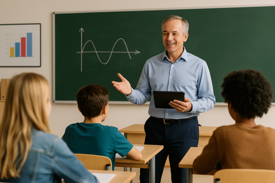 A teacher holding a tablet stands in front of a chalkboard with a graph drawn on it, smiling and speaking to three students seated at desks in a classroom.