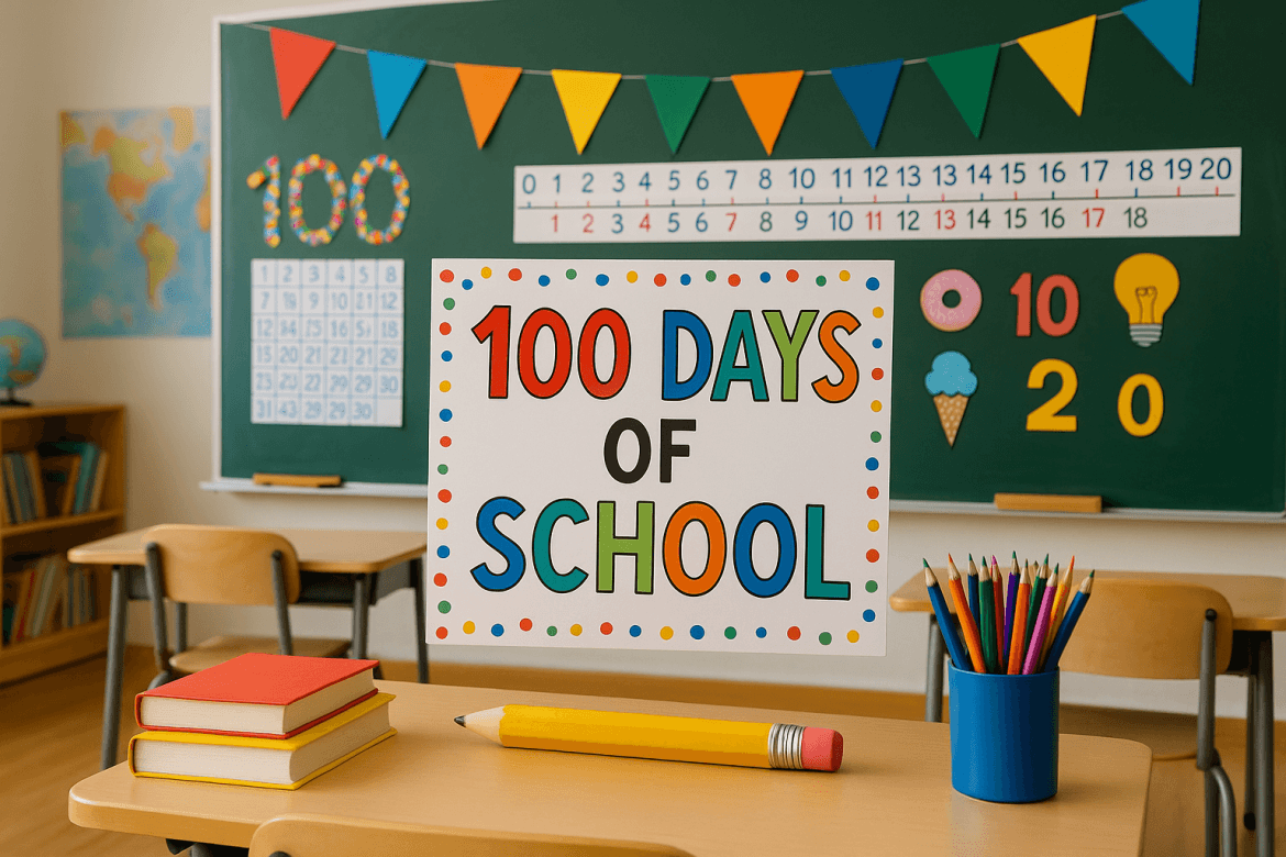 A classroom decorated for the 100 Days of School, featuring a colorful sign on a desk, pencils, books, and a chalkboard adorned with banners, numbers, and learning materials in the background.