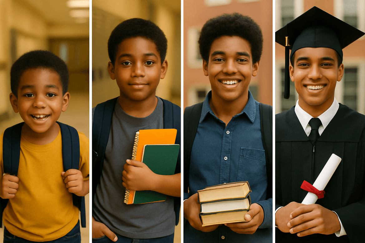 A series of four photos delivers an Inspirational Message for Educators, capturing a Black boy's journey from a young child with a backpack to a young adult in graduation cap and gown, symbolizing growth, achievement, and the impact of education.