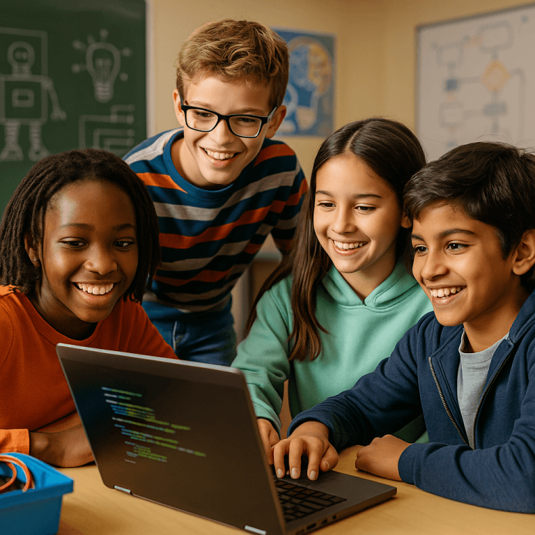 Four smiling children gather around a laptop, exploring code during Computer Science Education Week in a classroom decorated with STEM posters and diagrams. Their engagement suggests a collaborative group learning or coding activity.