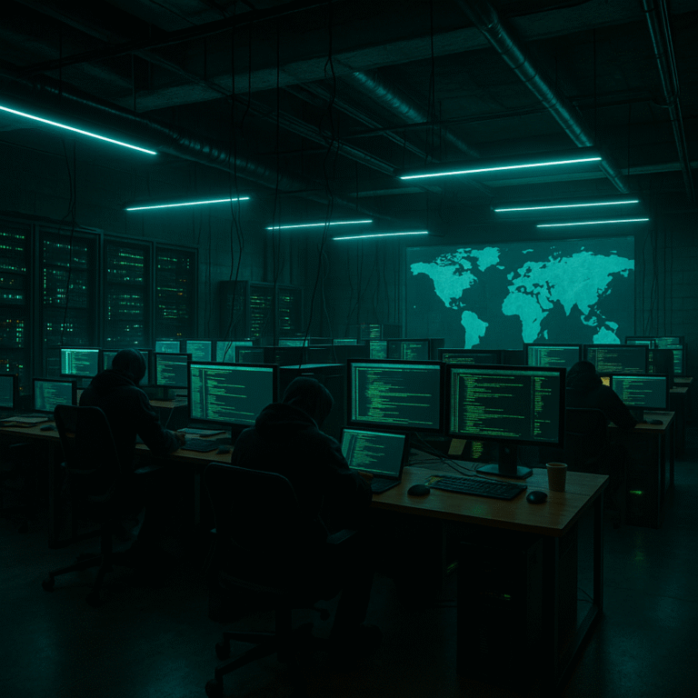 A dark room with people in hoodies working on computers, large screens show code and a world map, and glowing blue-green lights highlight the high-tech, secretive atmosphere.