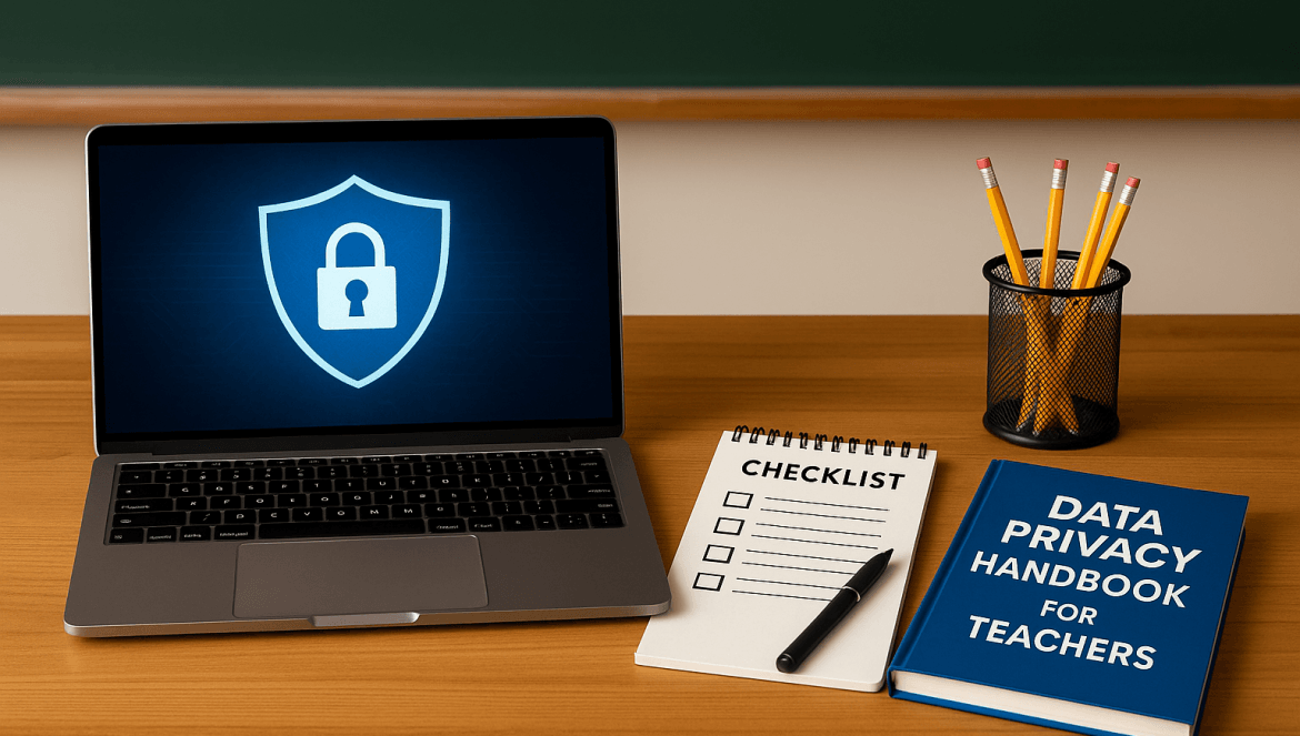 A laptop with a padlock icon on the screen sits on a desk next to a checklist notepad, a pen, a pencil holder with pencils, and a book titled Data Privacy in Schools: Handbook for Teachers.