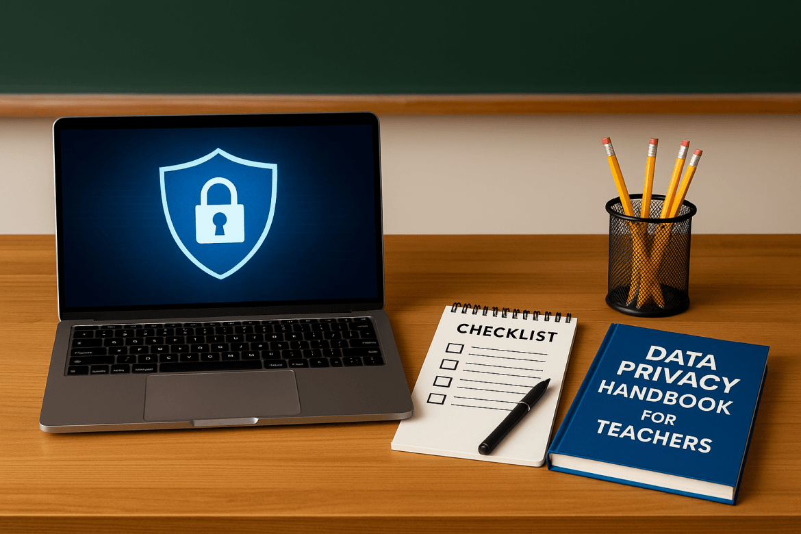 A laptop with a padlock icon on the screen sits on a desk next to a checklist notepad, a pen, a pencil holder with pencils, and a book titled Data Privacy in Schools: Handbook for Teachers.