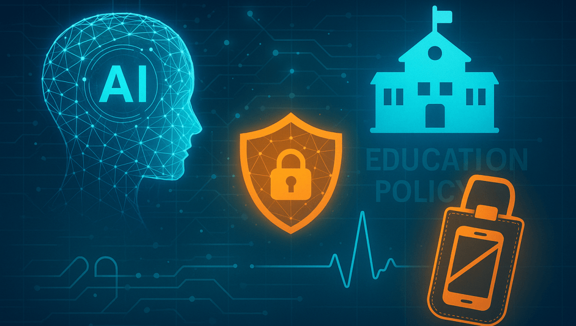 Digital illustration showing an AI head, a school labeled EDUCATION POLICY, a shield with a padlock, and a smartphone with a padlock—highlighting Education Trends 2025 in AI security and policy for education technology.