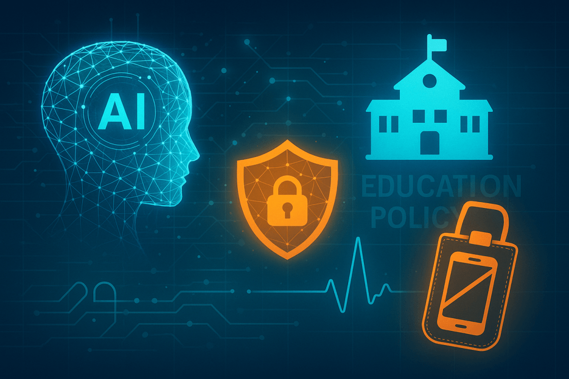Digital illustration showing an AI head, a school labeled EDUCATION POLICY, a shield with a padlock, and a smartphone with a padlock—highlighting Education Trends 2025 in AI security and policy for education technology.