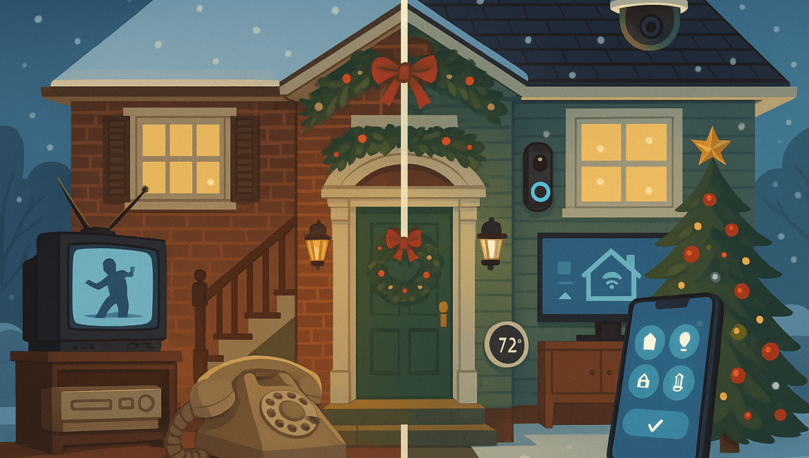 A split image of a house in winter channels Home Alone vibes: the left side is old-fashioned with a rotary phone and box TV, while the right side is modern, featuring smart devices, security cameras, and digital decorations.