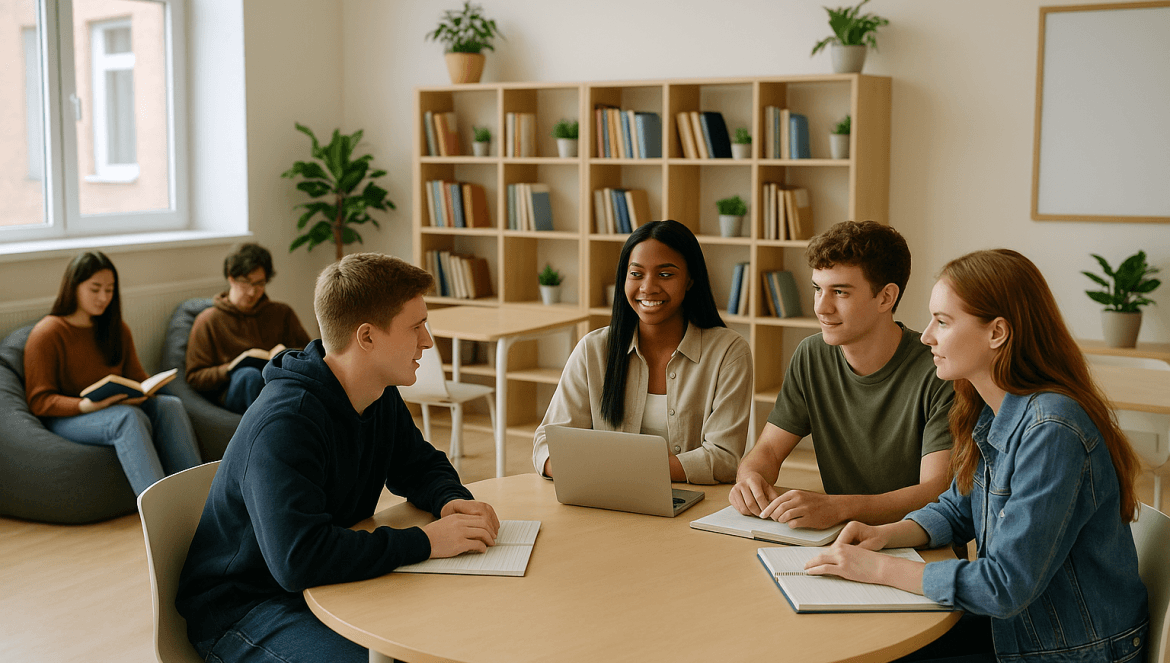 Four students sit at a round table in a library, smiling and talking with notebooks and a laptop—a perfect example of modern classroom design. In the background, two more students read books on beanbags near shelves and windows.
