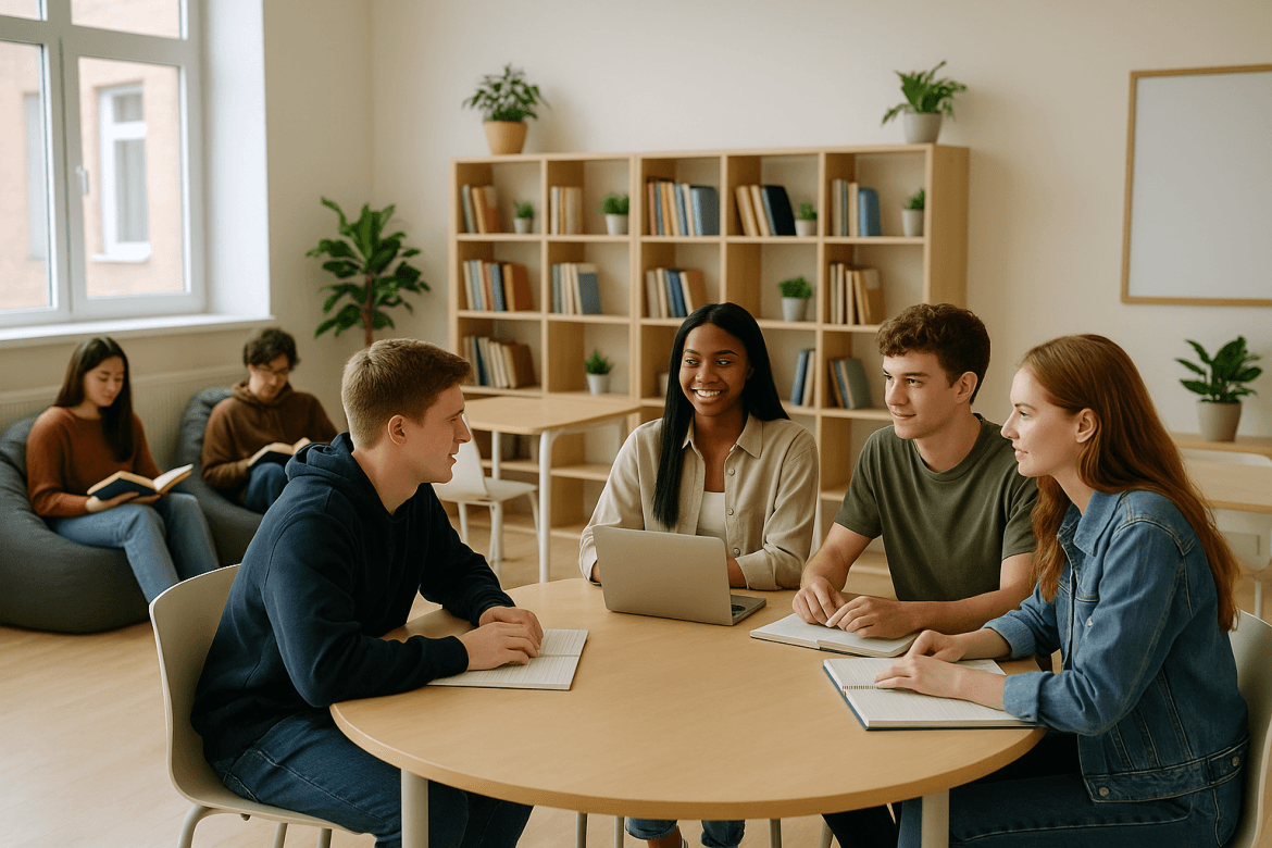 Four students sit at a round table in a library, smiling and talking with notebooks and a laptop—a perfect example of modern classroom design. In the background, two more students read books on beanbags near shelves and windows.