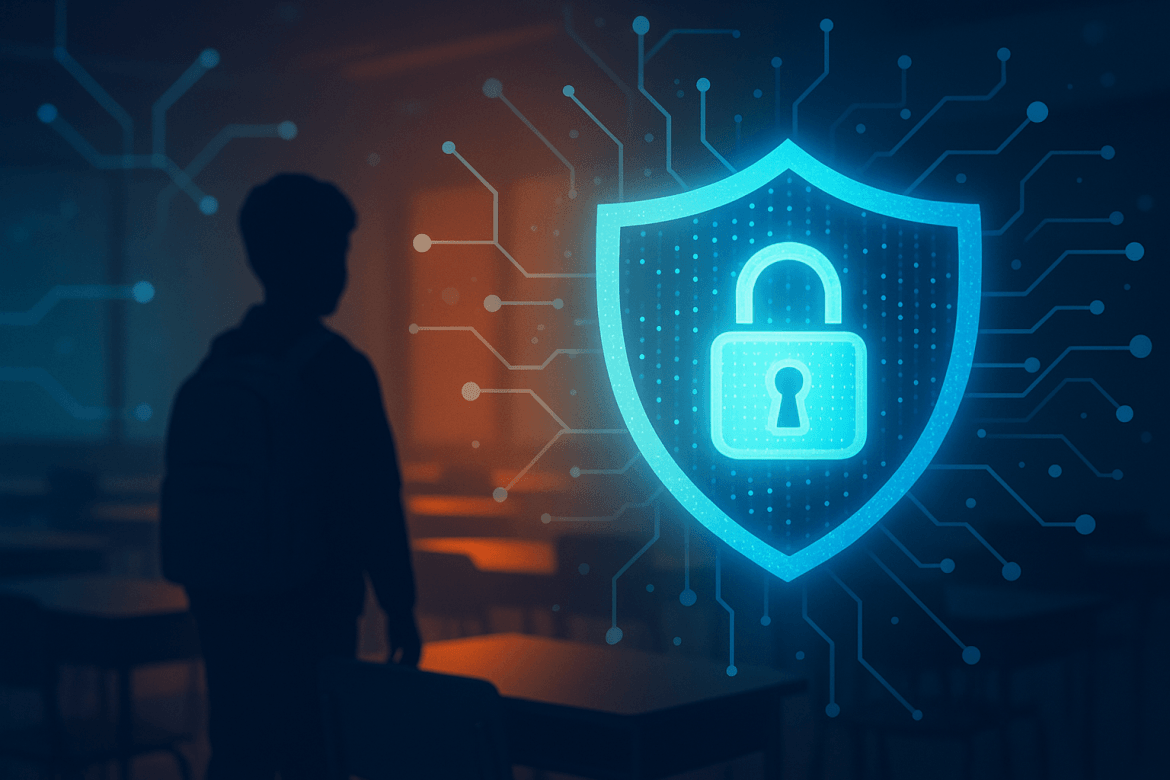 A silhouette of a child stands in a classroom, with a large digital shield and padlock icon symbolizing the importance of protecting Personally Identifiable Information (PII) in Education Today.