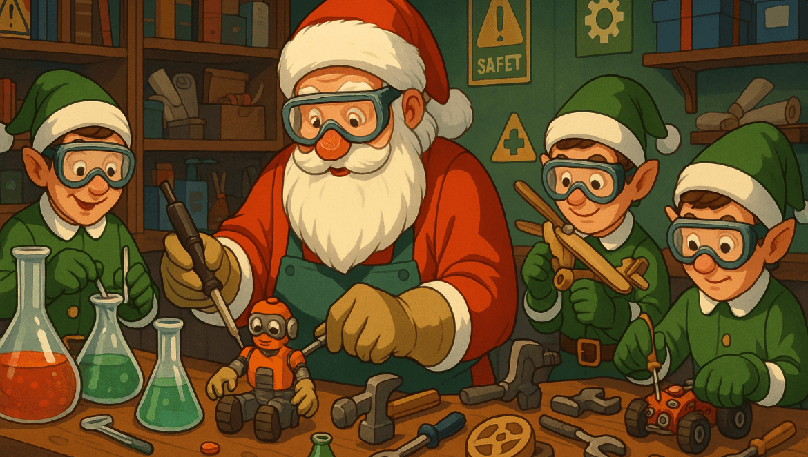 Santa Claus and three elves, all wearing safety goggles, work together in a workshop filled with tools and beakers. They are building and painting toy cars, with shelves and safety signs visible in the background.