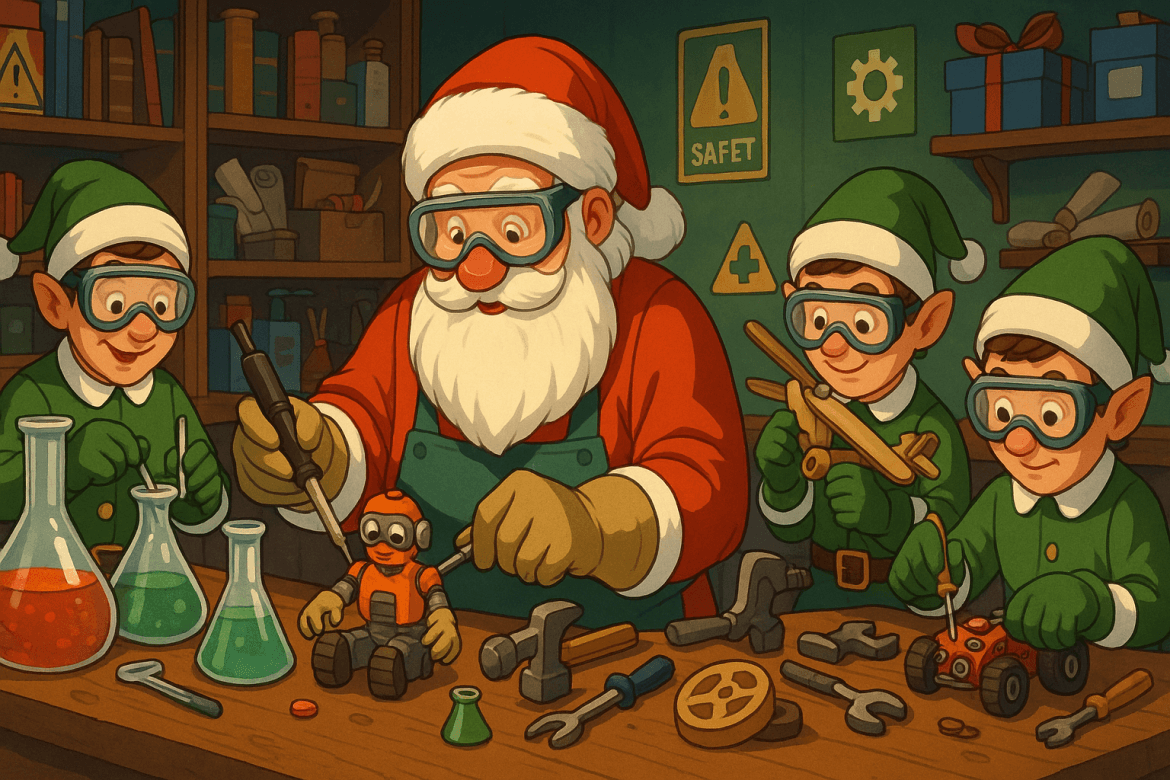 Santa Claus and three elves, all wearing safety goggles, work together in a workshop filled with tools and beakers. They are building and painting toy cars, with shelves and safety signs visible in the background.