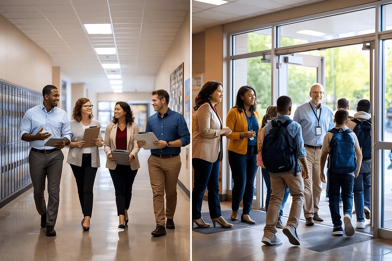 Left: Four teachers, members of School Leadership Teams, smile and talk as they walk down a hallway with folders and tablets. Right: Three teachers greet students with backpacks as they enter the school through glass doors.