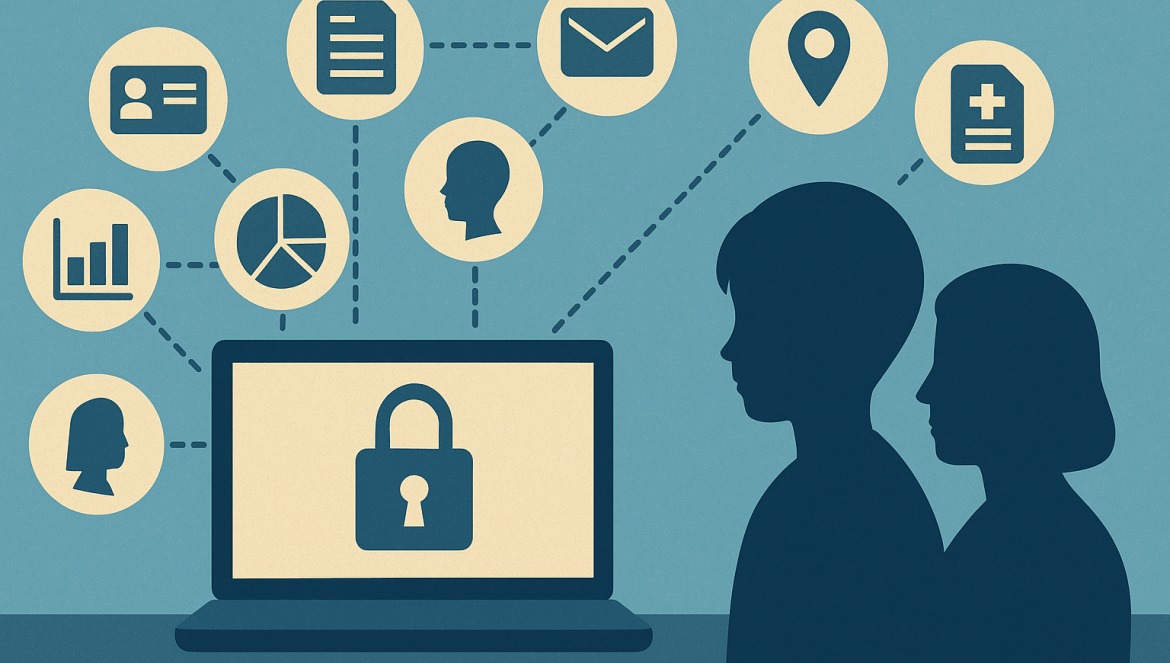 Illustration of two people in front of a laptop with a padlock icon on the screen, surrounded by icons representing student data privacy, personal information, and sharing, all connected by dotted lines.