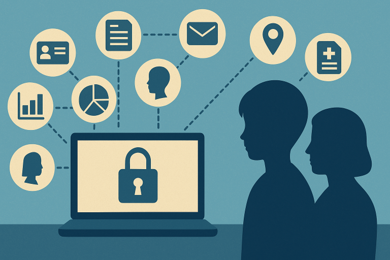 Illustration of two people at a laptop showing a padlock, surrounded by icons for student data and sharing