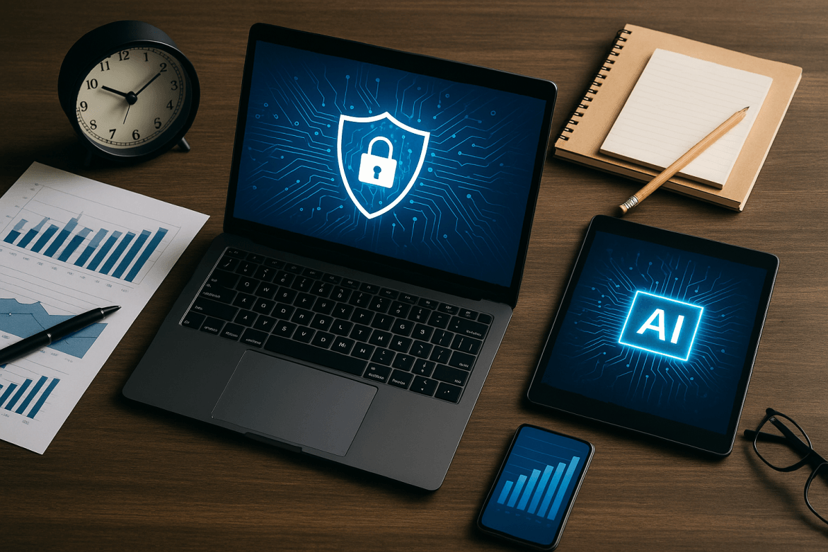 A desk with a laptop showing a lock and shield symbol, a tablet displaying AI, and a smartphone with a bar chart highlights Technology Leadership 2026, alongside paper charts, a clock, notebook, and pen.