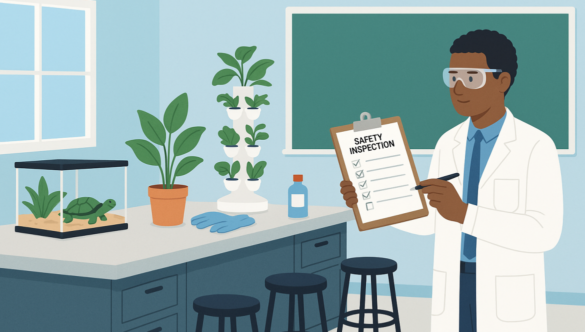 A scientist wearing safety goggles holds a clipboard labeled Safety Inspection, emphasizing Science Safety Culture in a lab with plants, a turtle tank, gloves, stools, and a chalkboard in the background.