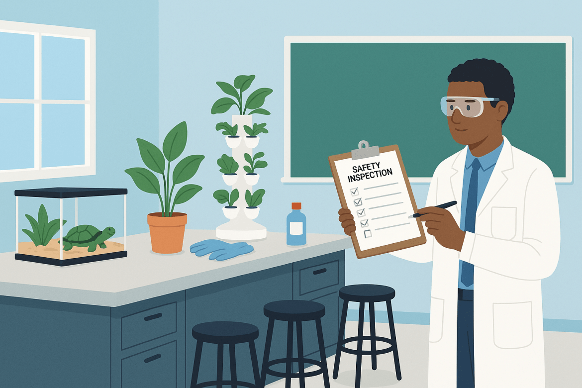 A scientist wearing safety goggles holds a clipboard labeled Safety Inspection, emphasizing Science Safety Culture in a lab with plants, a turtle tank, gloves, stools, and a chalkboard in the background.