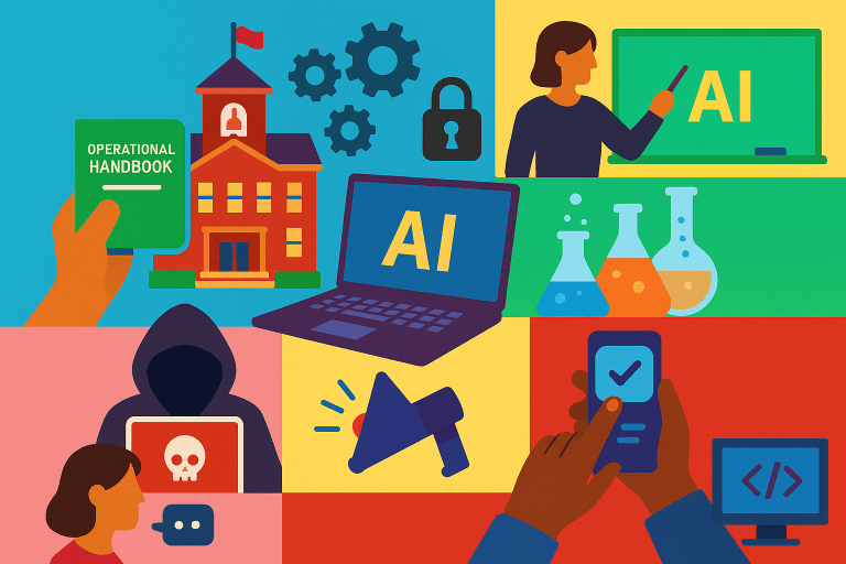 A colorful collage shows AI concepts: a school, operational handbook, laptop with “AI,” person teaching, gears, padlock, beakers, hooded hacker, phone with checkmark, megaphone, and code symbol—illustrating stories that matter in technology.