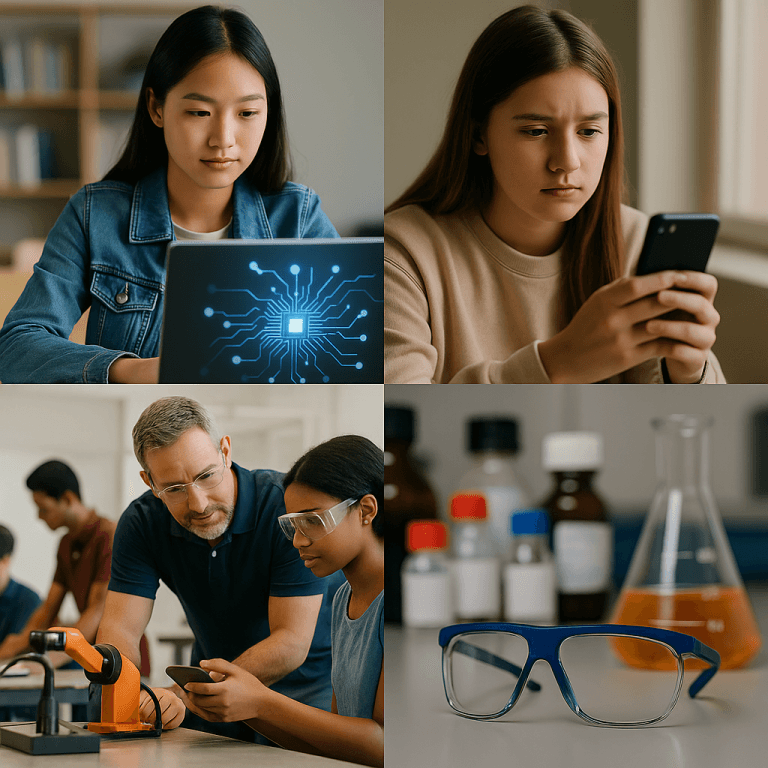 A collage showing stories that matter: a girl using a laptop, another looking at her phone, a teacher assisting with robotics, and a close-up of safety glasses with lab bottles and a beaker in the background.