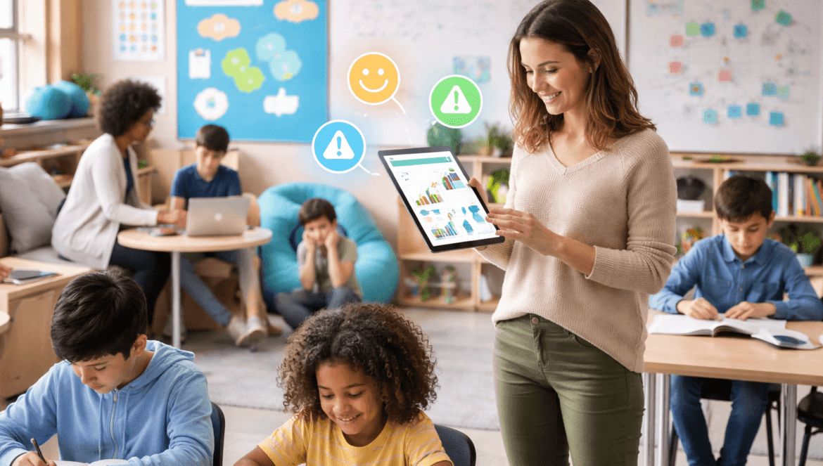 A teacher holds a tablet with colorful data charts, smiling at students in a bright classroom. Children work at desks while digital icons float above the tablet, illustrating AI Student Behavior Management and real-time interactive feedback.