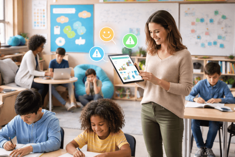 A teacher holds a tablet with colorful data charts, smiling at students working at desks in a bright classroom
