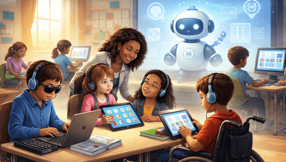 A diverse group of children uses tablets and laptops in a classroom, exploring AI and Accessibility, with a teacher and a large robot displayed on a digital screen in the background.