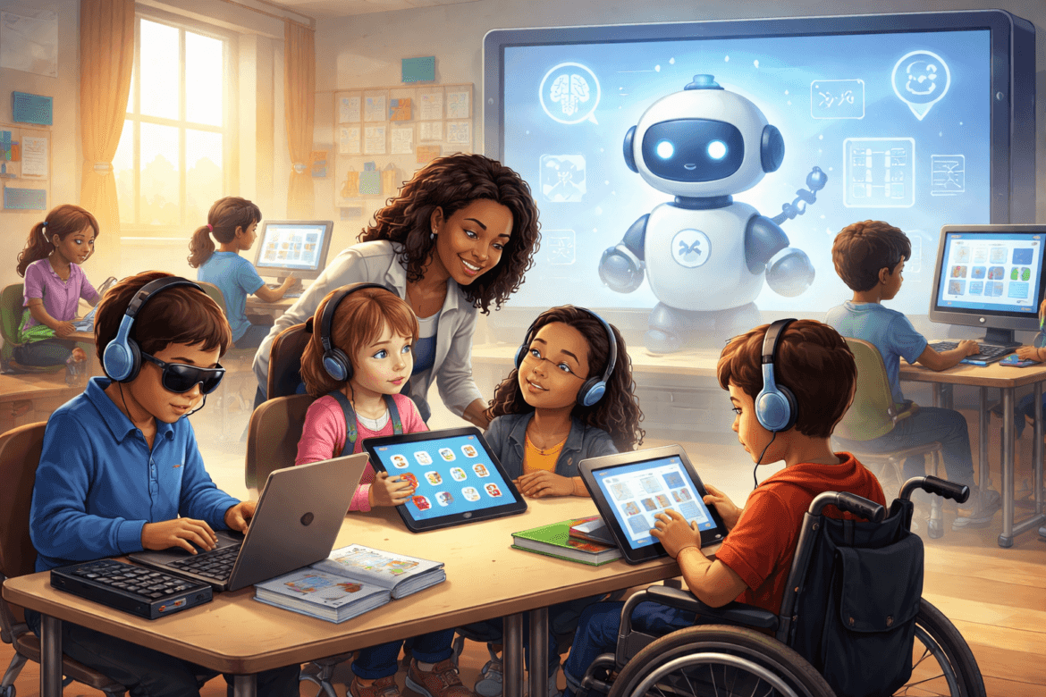 A diverse group of children uses tablets and laptops in a classroom, exploring AI and Accessibility, with a teacher and a large robot displayed on a digital screen in the background.
