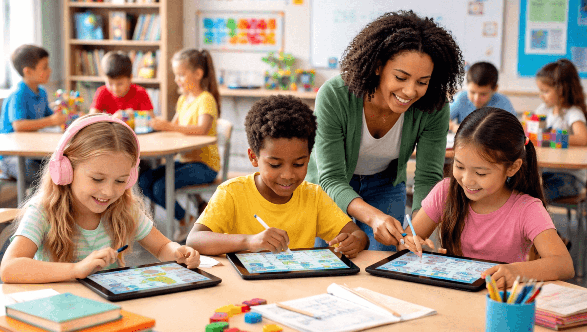 A teacher helps three young students using tablets at a classroom table, integrating AI in K-5 Learning, while other children work in the background.